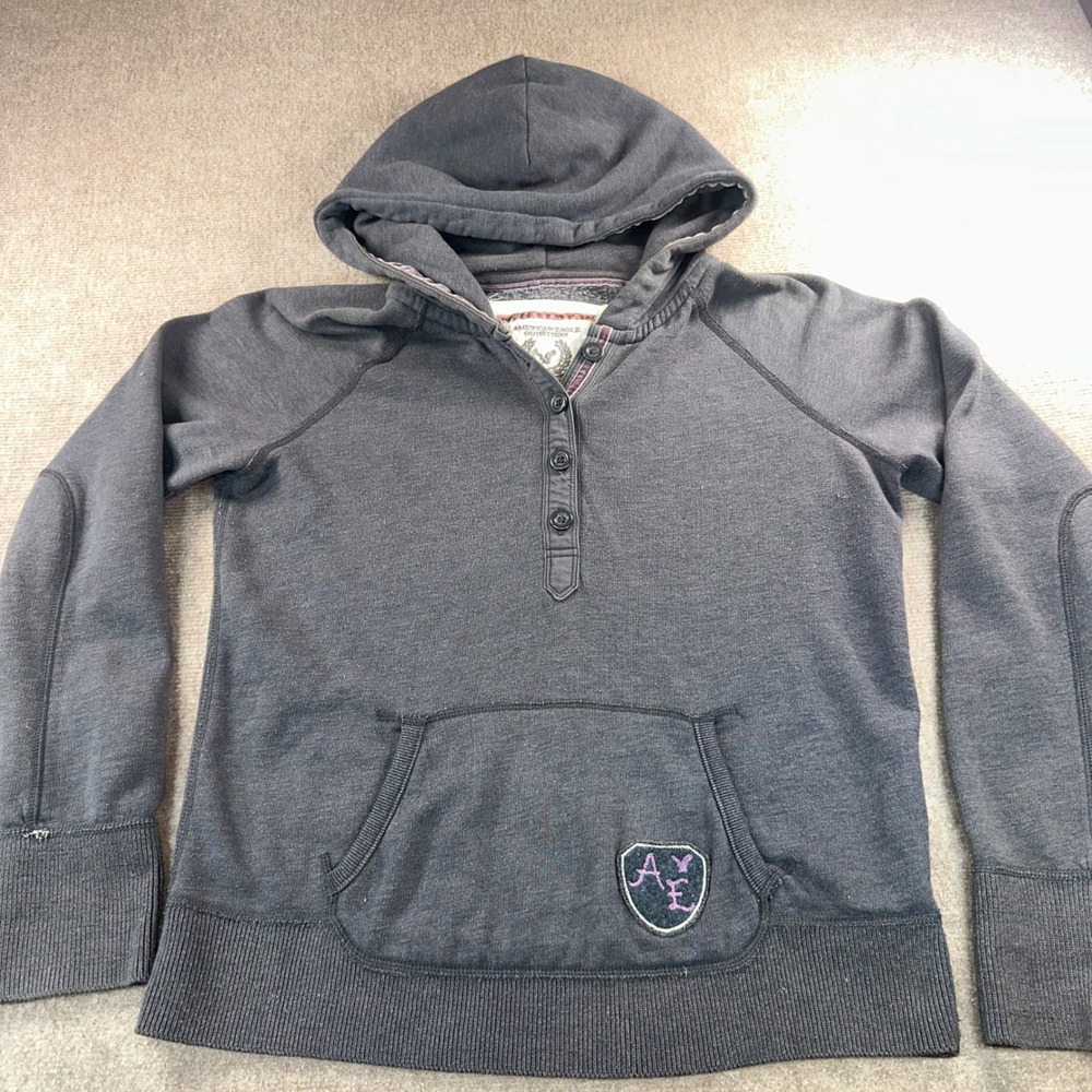 American Eagle Outfitters Henley Hoodie Gray Eagle Fleece Pullover Mens Medium